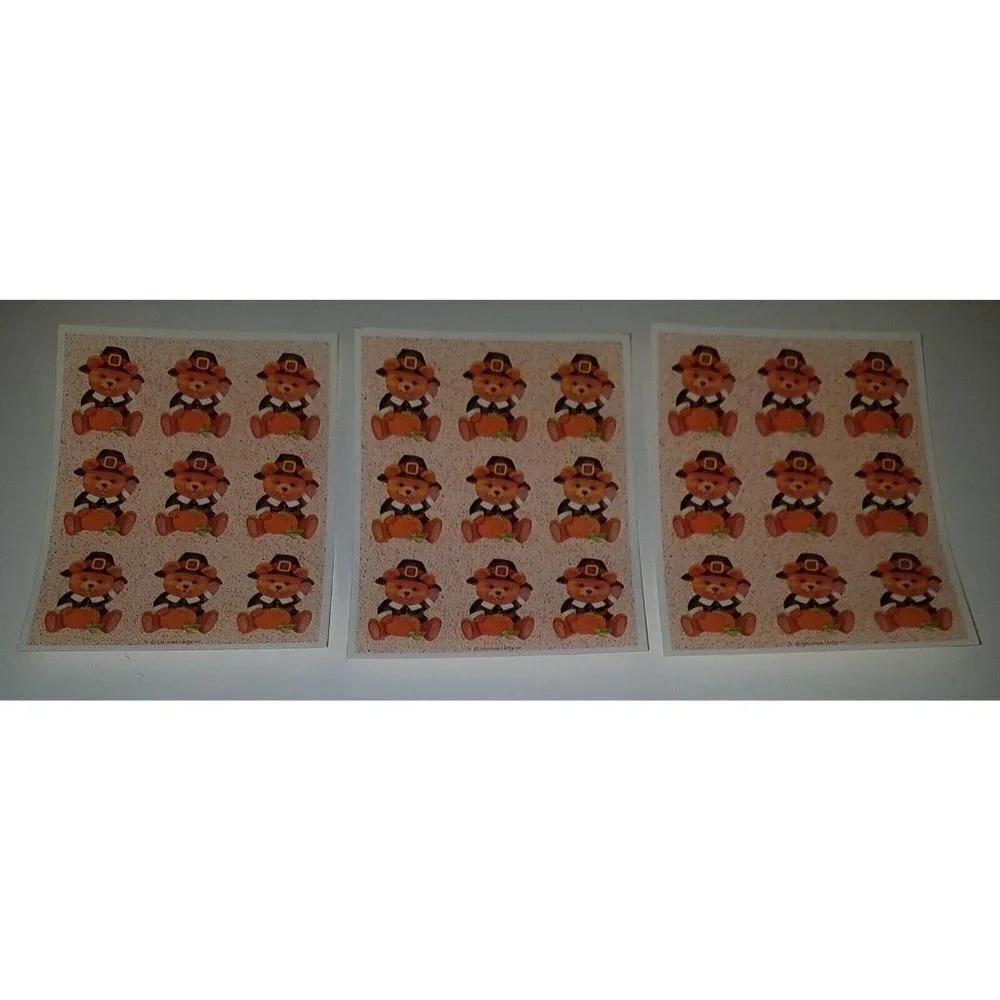 VTG Hallmark Teddy Bear Pilgrim Pumpkin Thanksgiving Stickers ~ Lot of 3 Sheets